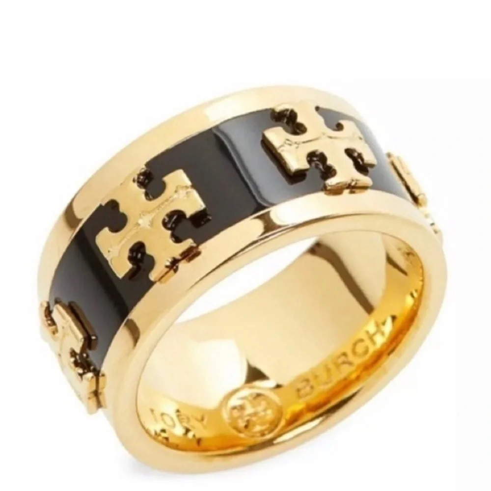 🔥🔥Tory Burch Authentic Wide Band Black Enamel With Gold Raised Logo Ring 7